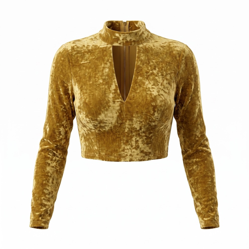 Essue Velvet Crop Top Medium Gold Cutout Mock Neck Long Sleeve Glam Party Retro